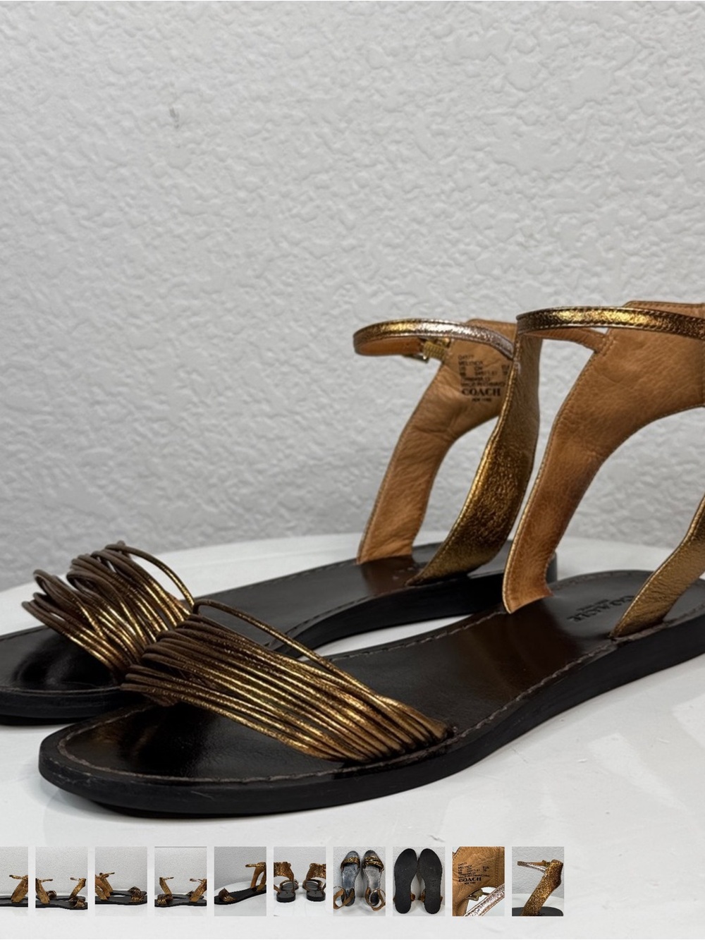 COACH VINTAGE MELYNDA BRONZE METALLIC LEATHER STRAPPY SANDALS ANKLE STRAP SIZE 9 - Picture 4 of 10
